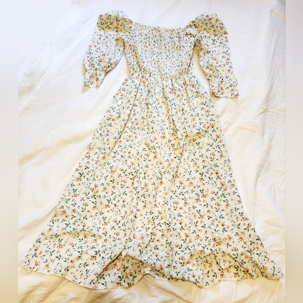 Off The Shoulder Ruffled Half Sleeve Backless Bohemian Beach Floral Smock Dress